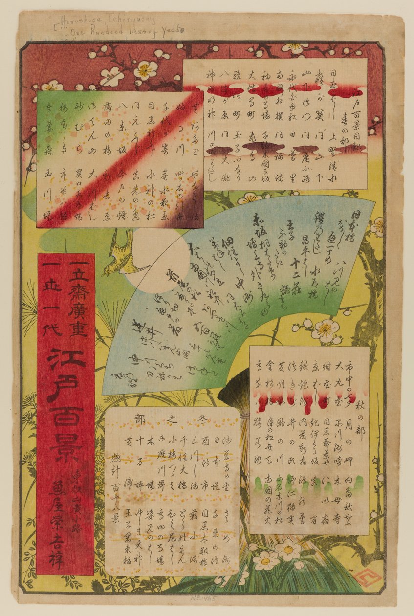 Sisällysluettelo, kirjasta Sata kuuluisaa näkymää Edosta (One Hundred Famous Views of Edo) tekijältä Ando or Utagawa Hiroshige