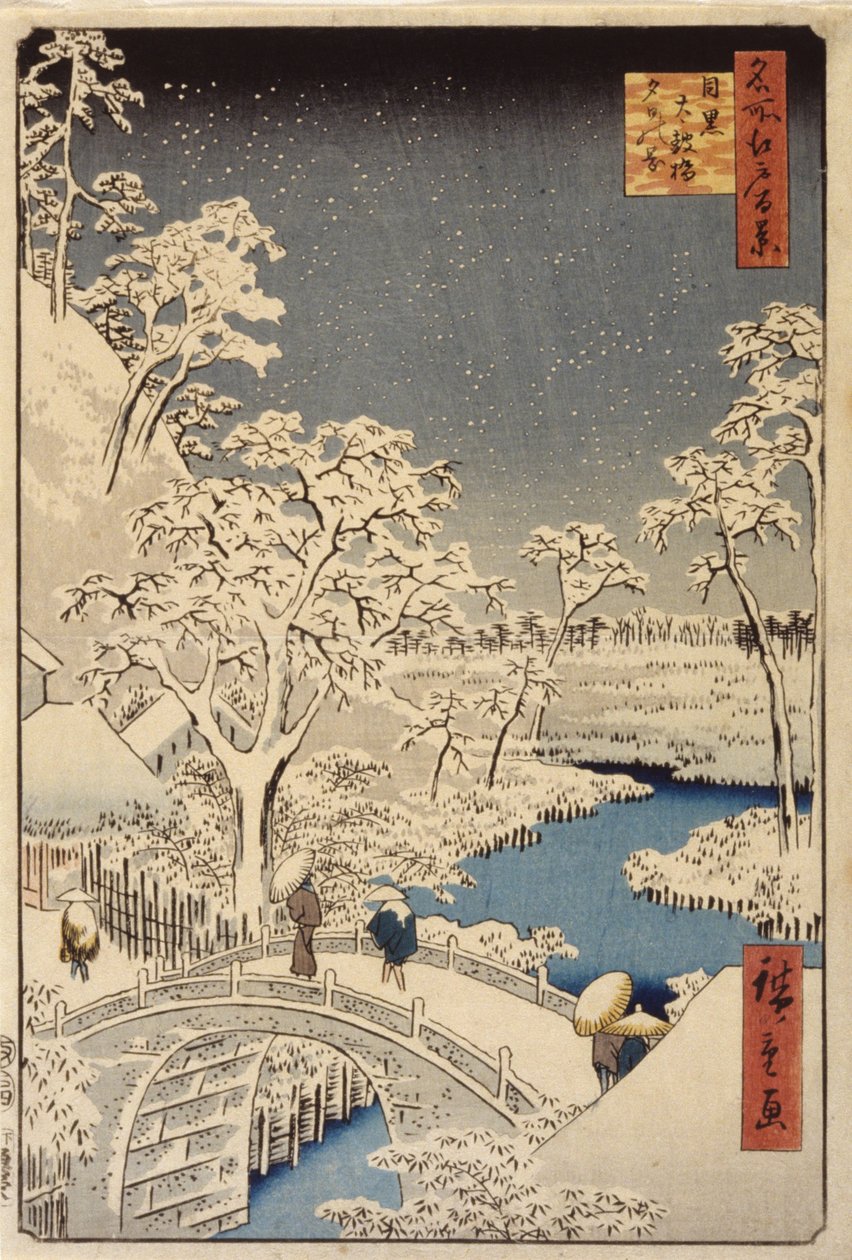 Taikon silta ja auringonlaskukukkula Megurossa (väripuupainatus) tekijältä Ando or Utagawa Hiroshige