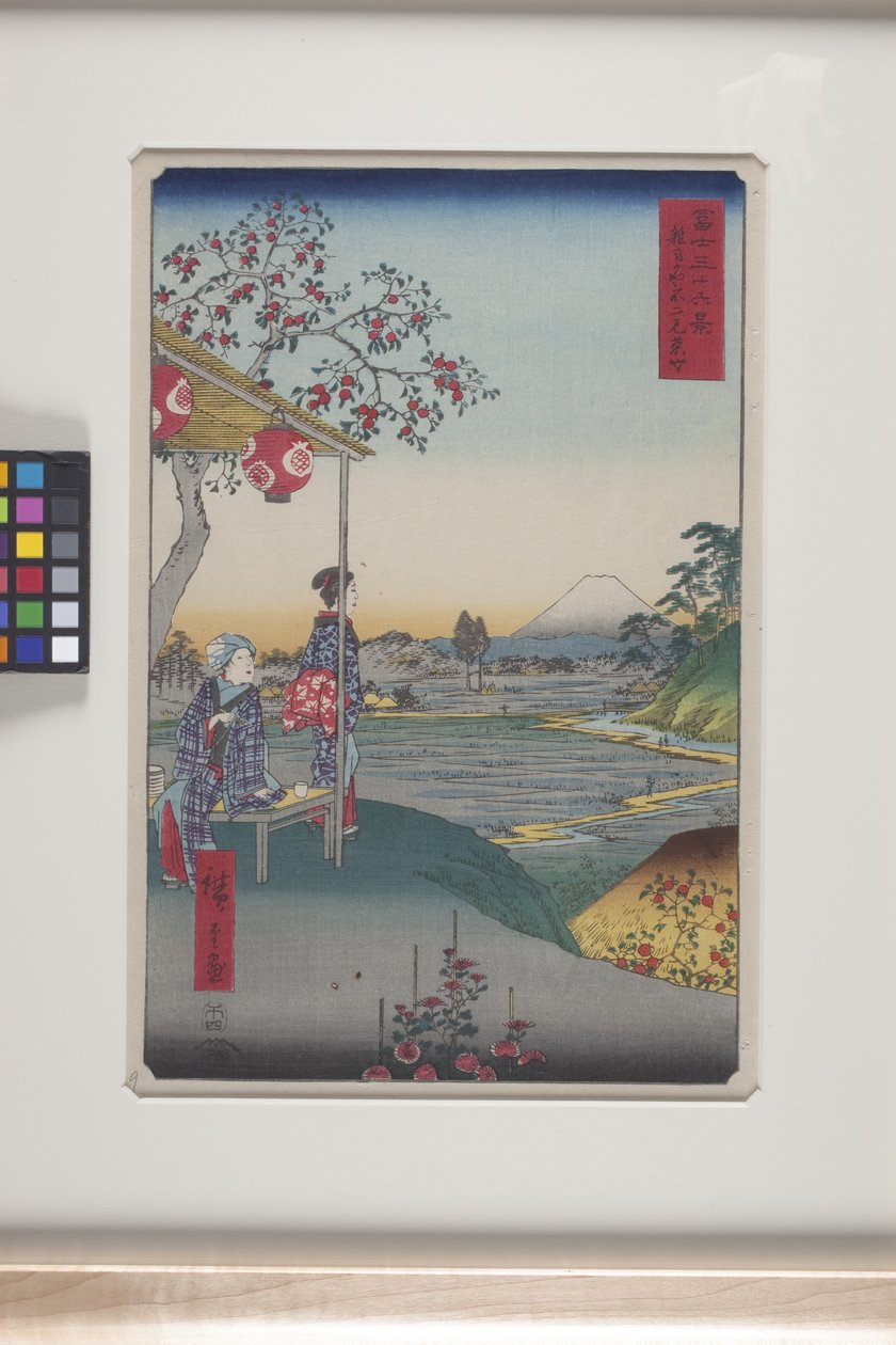 Teehuone, josta on näkymä Fuji-vuorelle Z?shigayassa (Z?shigaya Fujimi Chaya) (värillinen puupainatus) tekijältä Ando or Utagawa Hiroshige