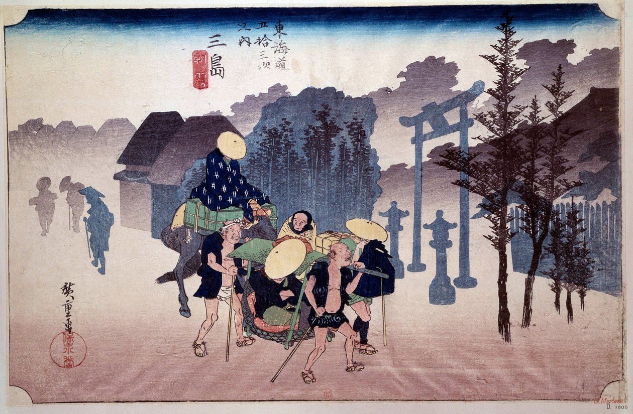 53 Tokaido-viestiä (Kyoto-Tokyo Road): Matkustajat lyövät Shiuto-temppelin edessä. Utagawa Hiroshigen (1797-1858) japanilainen printti 1800-luvulla. Paris, B.N. tekijältä Ando or Utagawa Hiroshige