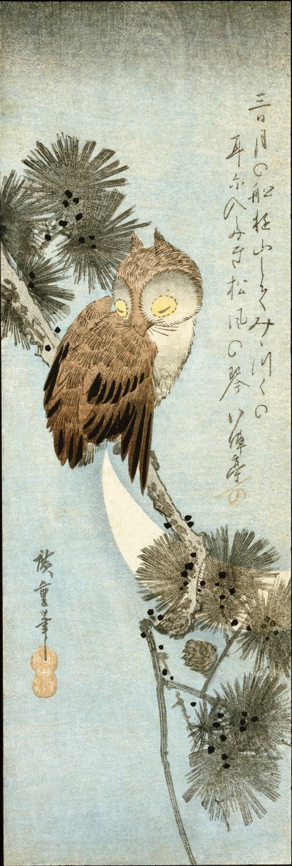 Kuunsirppi ja pöllö kyydissä männyn oksilla tekijältä Ando or Utagawa Hiroshige