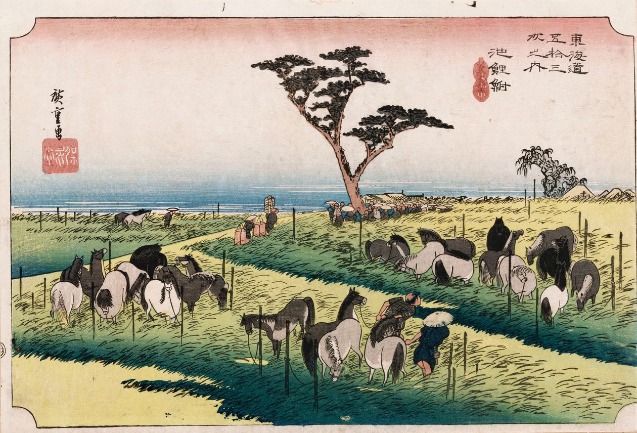 Chiryun hevosmarkkinat neljännessä kuukaudessa, sarjasta "The Fifty-Three Stations of The Tokaido", n. 1834 tekijältä Ando or Utagawa Hiroshige
