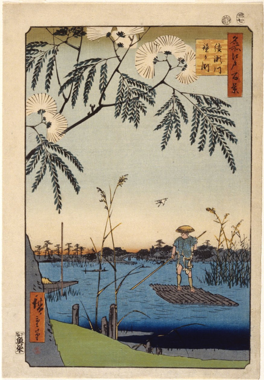 Kanasugi-silta Shibaurassa (värillinen puupainatus) tekijältä Ando or Utagawa Hiroshige