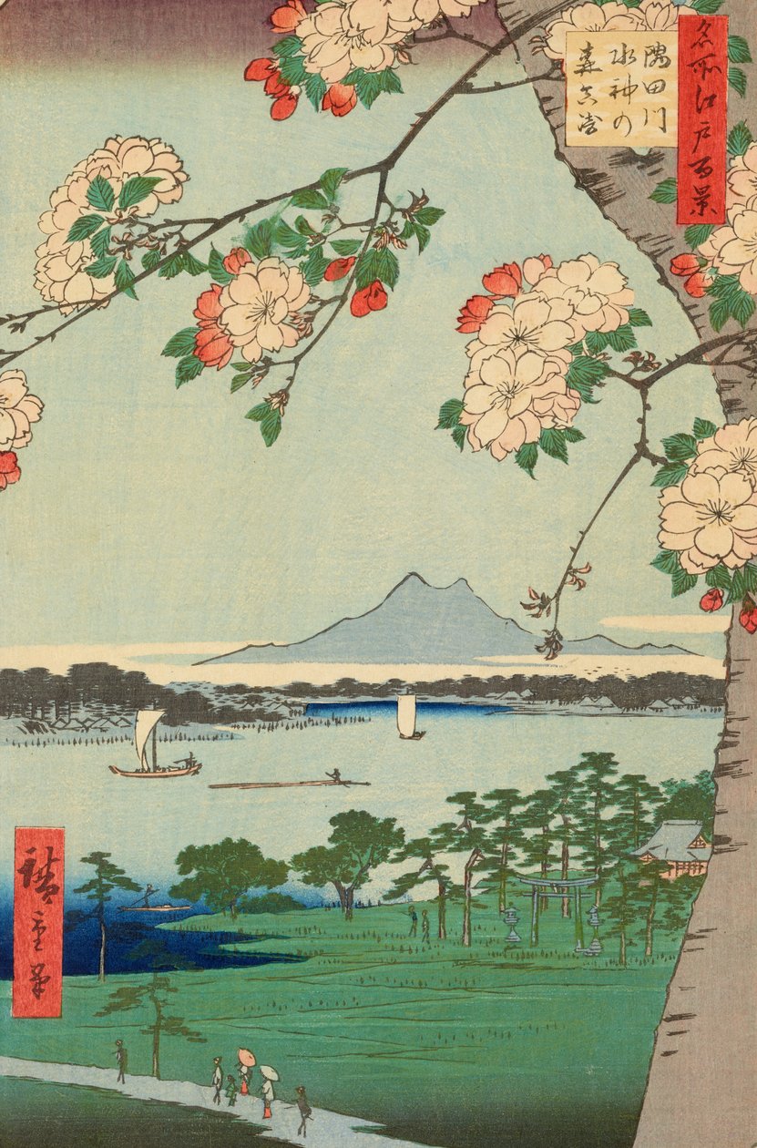 Suijinin metsä ja Massaki Sumida-joen varrella tekijältä Ando or Utagawa Hiroshige