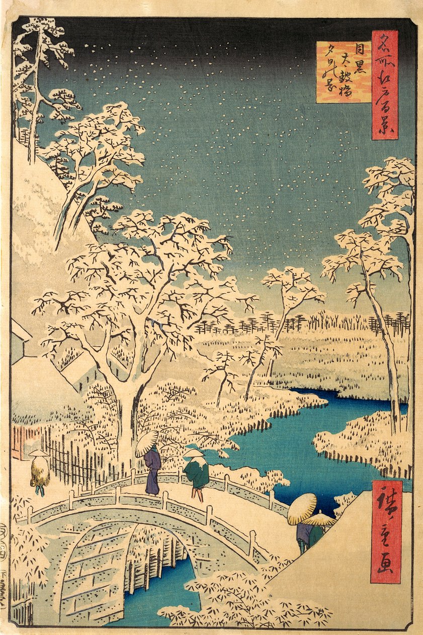 Taikon silta ja Yuhi-kukkula Megurossa, The Hundred Famous Views of Edo, pub.1857 tekijältä Ando or Utagawa Hiroshige
