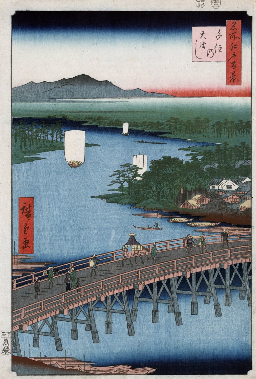 Senjun suuri silta ylittää Sumida-joen, vuoret taustalla, Ando Hiroshigen puupiirros tekijältä Ando or Utagawa Hiroshige