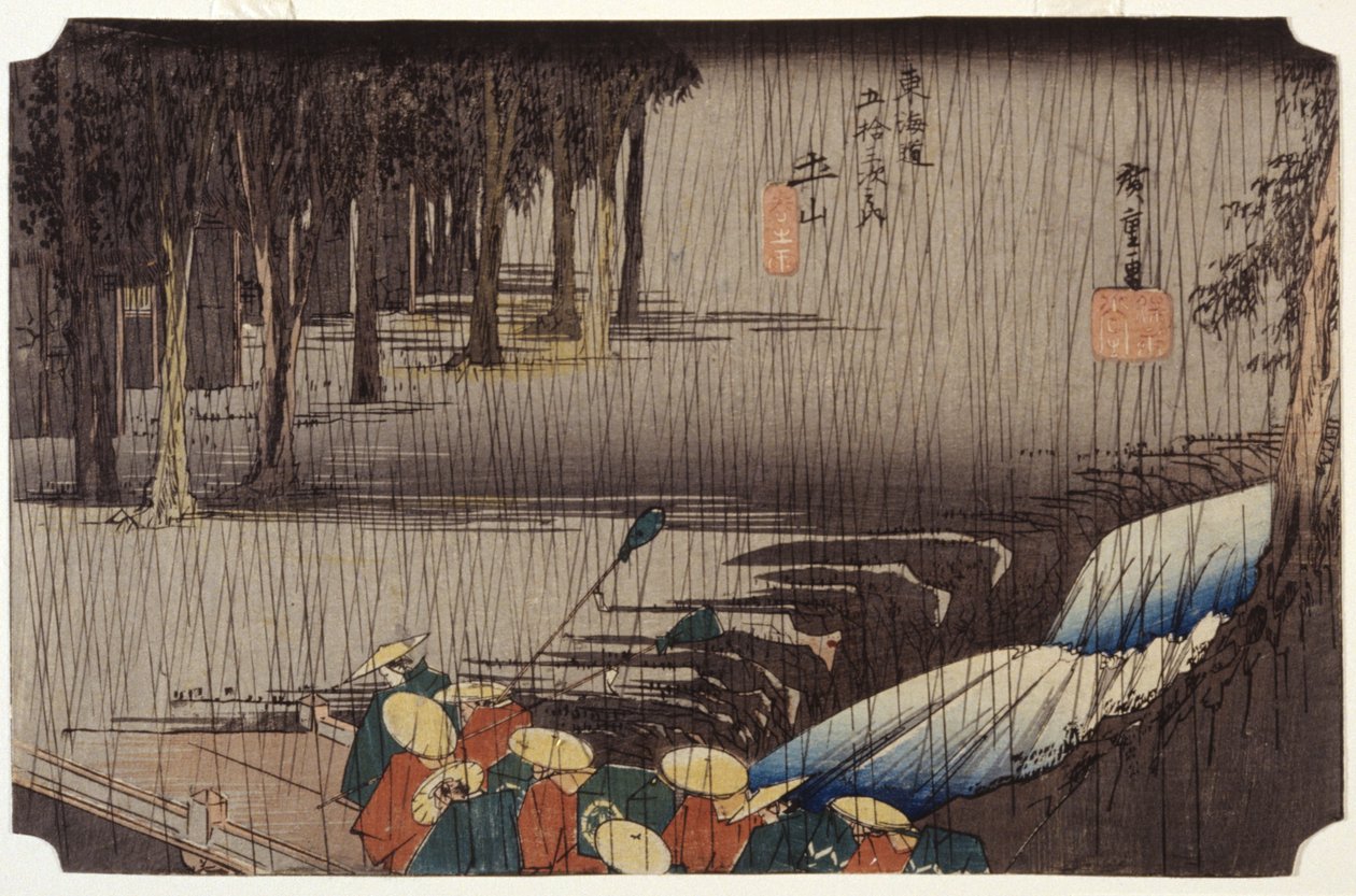 Touchiyama kevätsateessa tekijältä Ando or Utagawa Hiroshige