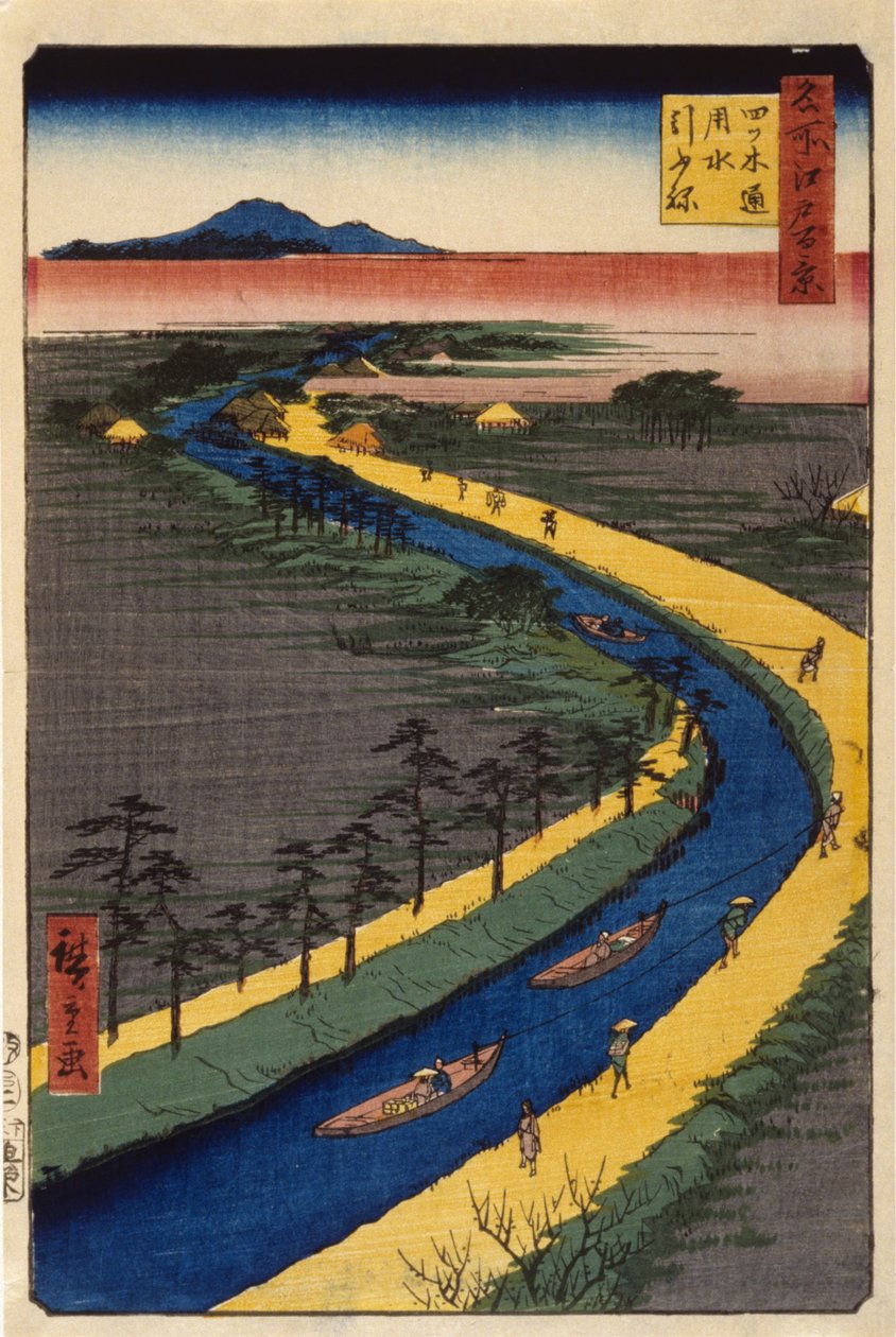 Hinausveneet Yotsugid?ri-kanavalla (värillinen puupainatus) tekijältä Ando or Utagawa Hiroshige