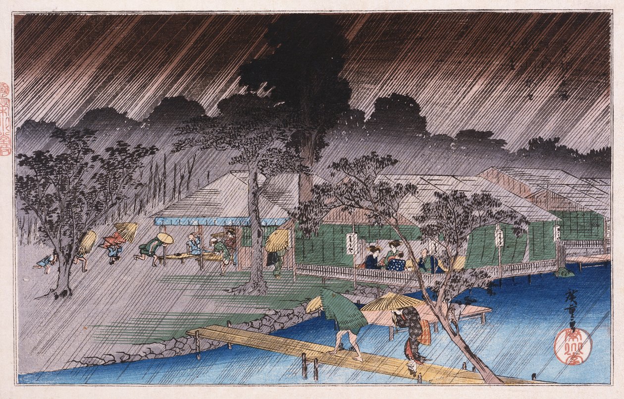 Twilight Shower Tadasu Bankissa, sarjasta "Kioton kuuluisat paikat" Ando Hiroshige tekijältä Ando or Utagawa Hiroshige