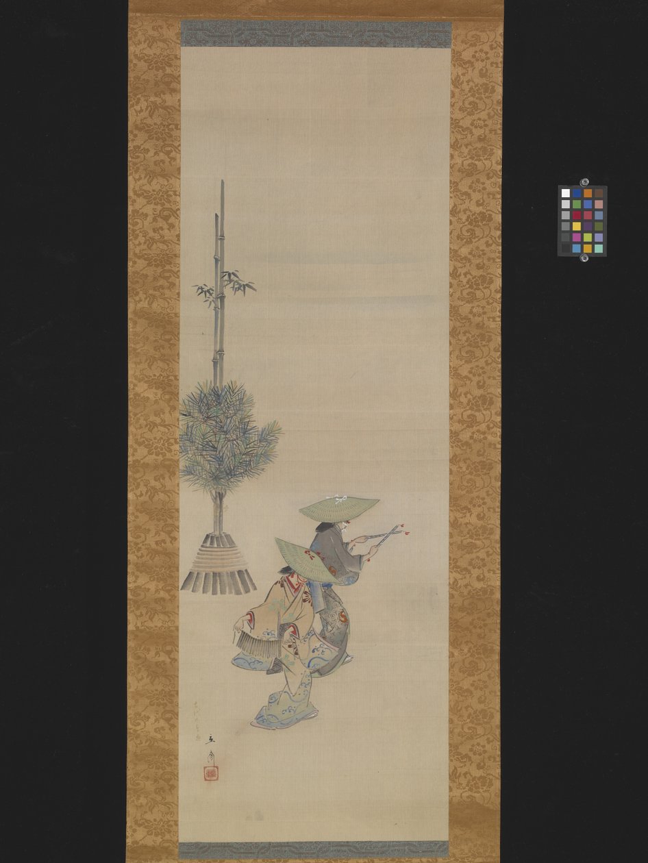 Kaksi naista hatun kanssa tanssimassa (muste ja väri silkillä) tekijältä Ando or Utagawa Hiroshige