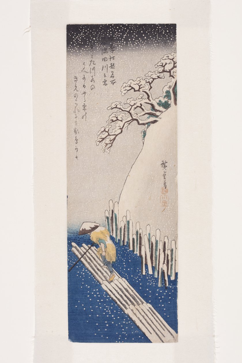 Talvi: Lumi Sumida-joella (Fuyu, Sumidagawa no yuki) (värillinen puupainatus) tekijältä Ando or Utagawa Hiroshige
