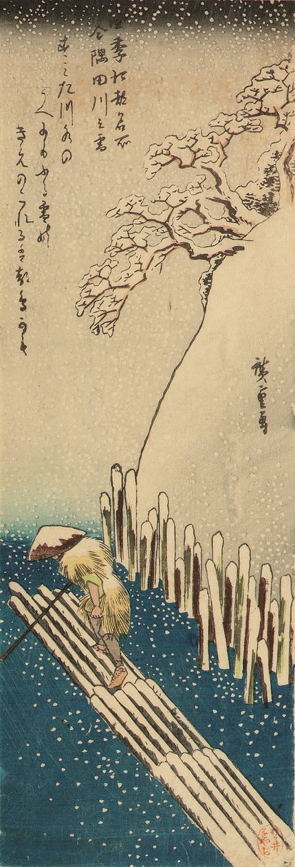 Talvilumi Sumida-joella, sarjasta Edon kuuluisat paikat neljänä vuodenaikana (puupiirros). tekijältä Ando or Utagawa Hiroshige
