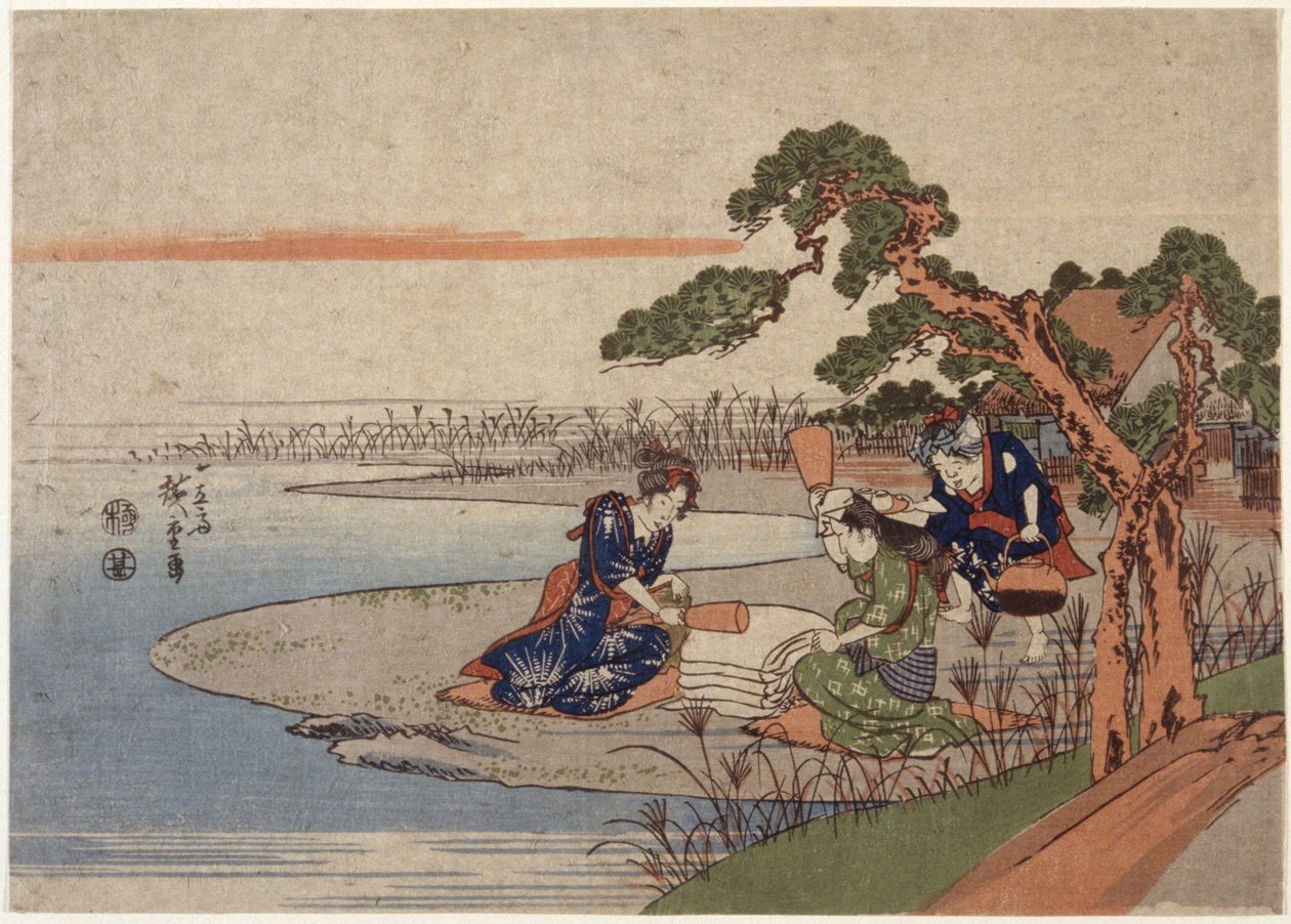 Naiset valmistelevat kangasta (värillinen puupainatus) tekijältä Ando or Utagawa Hiroshige