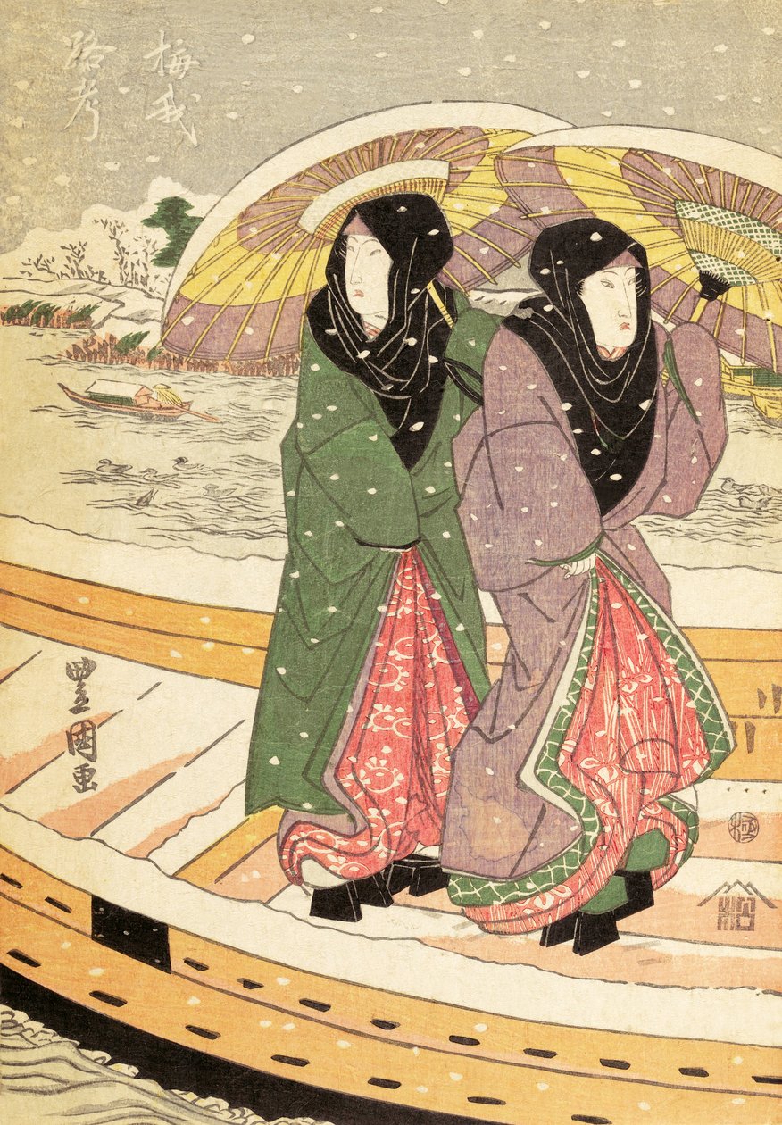Naiset kävelemässä sillan yli lumessa, pub.c.1848 (värillinen puupainatus) tekijältä Ando or Utagawa Hiroshige