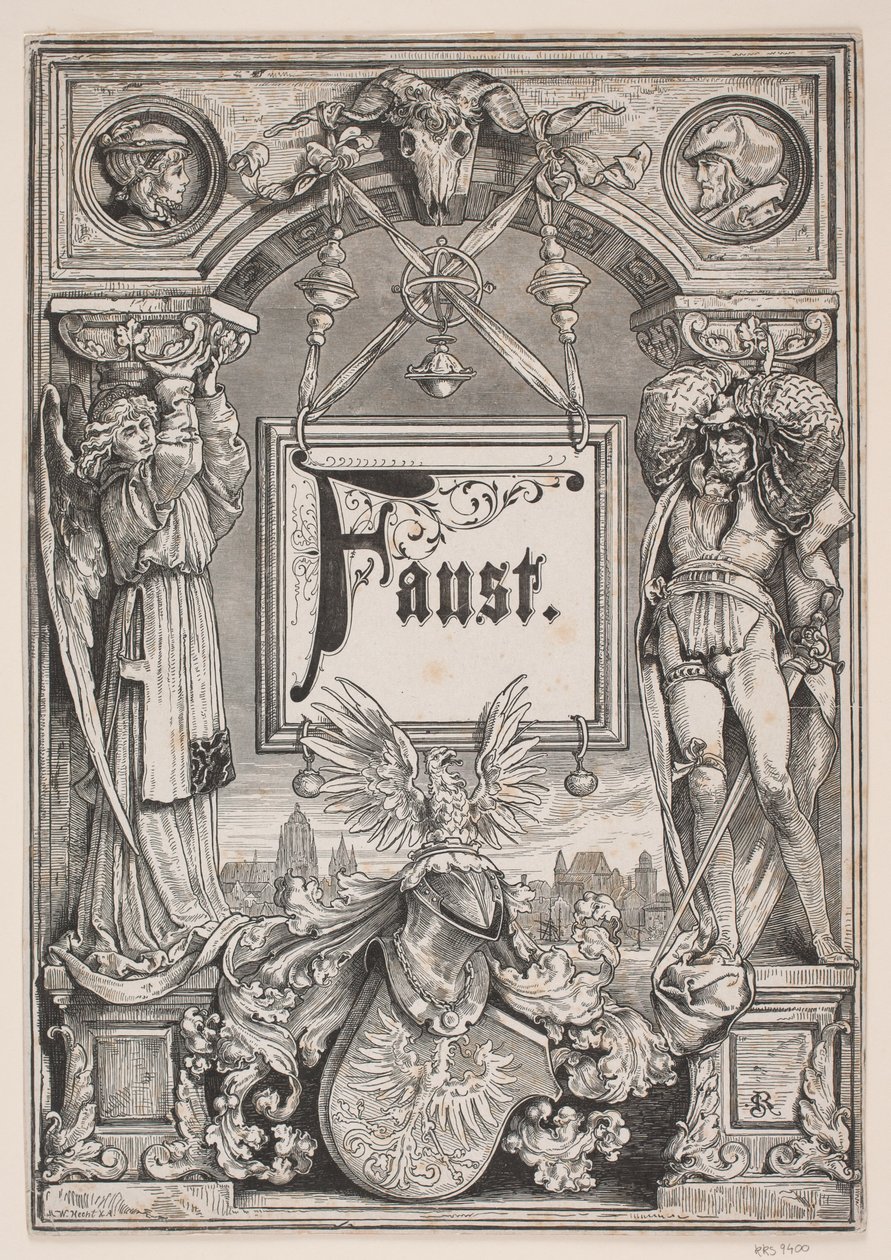 Nimisivu ja vinjetti "Faustin" painokselle, München 1884 tekijältä André Bork