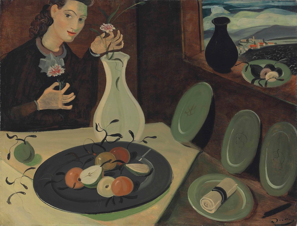 Lautanen hedelmiä ja nainen kukkia maljakossa tekijältä Andre Derain