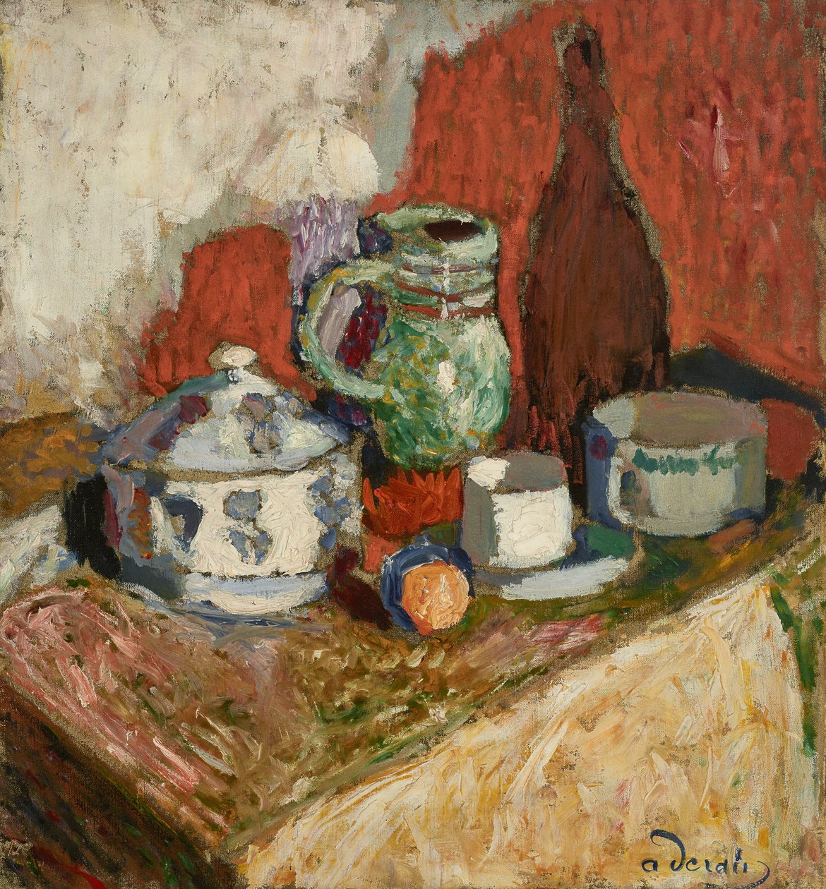 Asetelma, jossa keittoastia ja pullo tekijältä Andre Derain