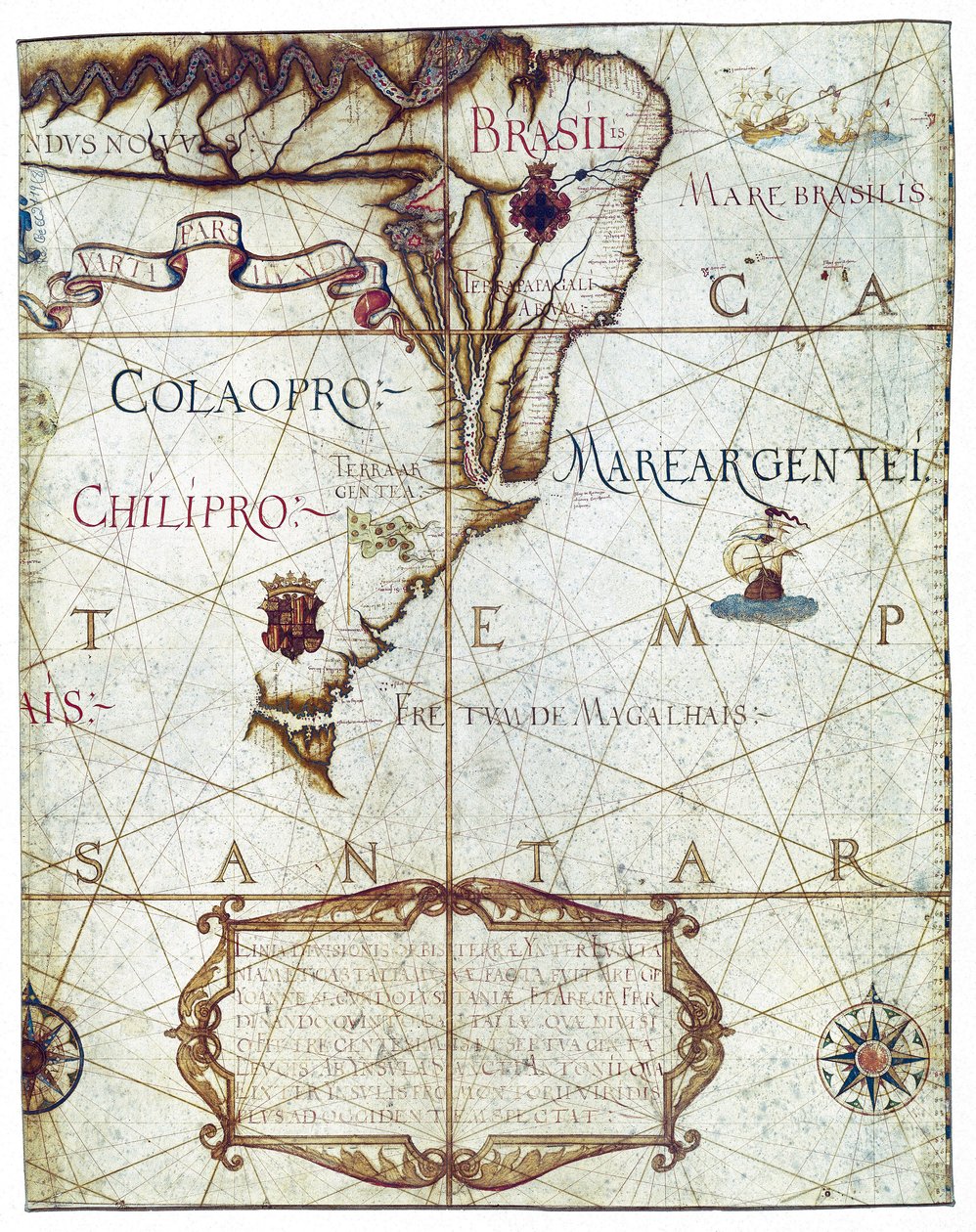 Etelä-Amerikan kartta, Universassa ja Navigabilisissa Totius Terrarum Orbis Descriptio 1559 (värikäsikirjoitus) tekijältä André Homem