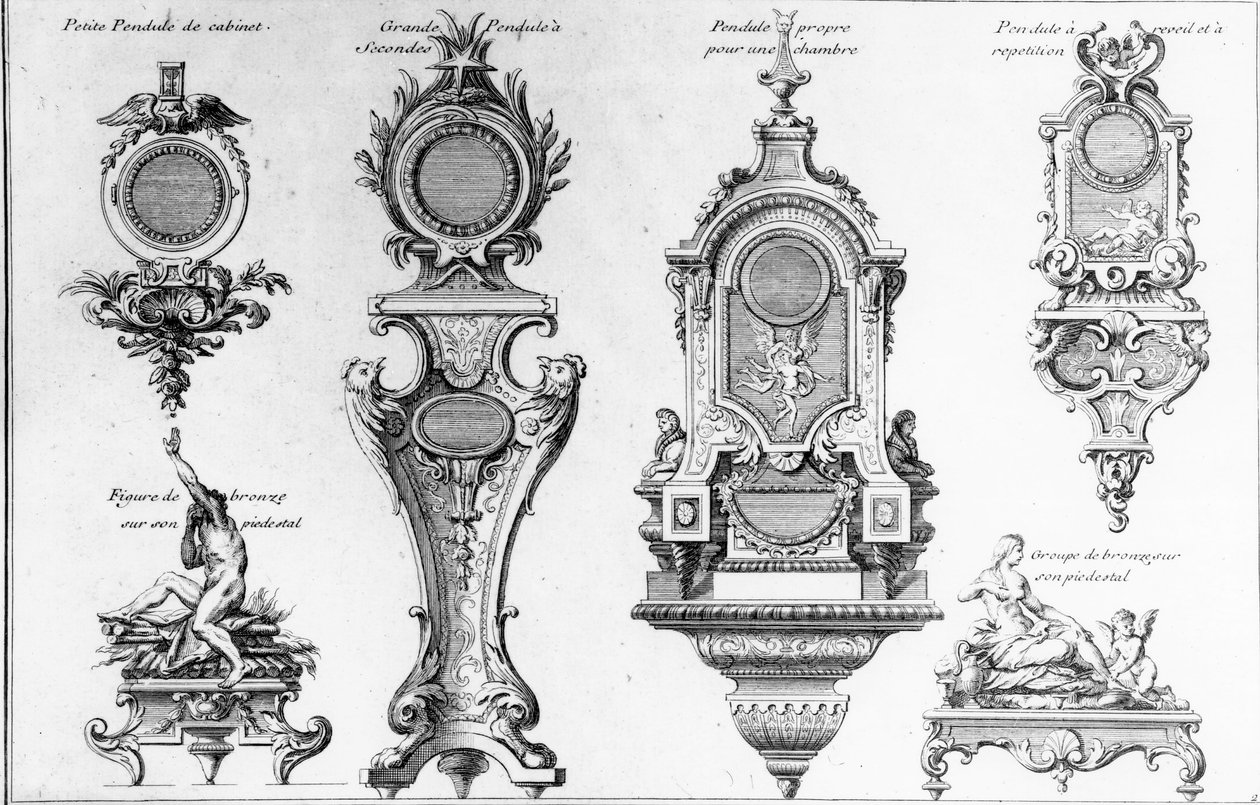André-Charles Boullen kellokotelot ja jalustat, printti Pierre-Jean Mariette tekijältä Andre Charles Boulle