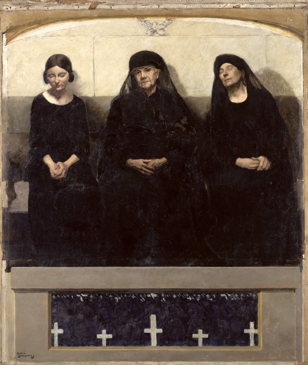 Kolme naista suremassa kadonnutta, triptyykin "Muistaa kuolleita" keskipaneeli, n. 1918 (öljy) tekijältä Andre Devambez