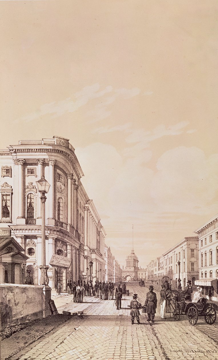Nevski Prospekt, Pietari, kuvitus teoksesta Voyage pittoresque en Russie, 1843 tekijältä Andre Durand