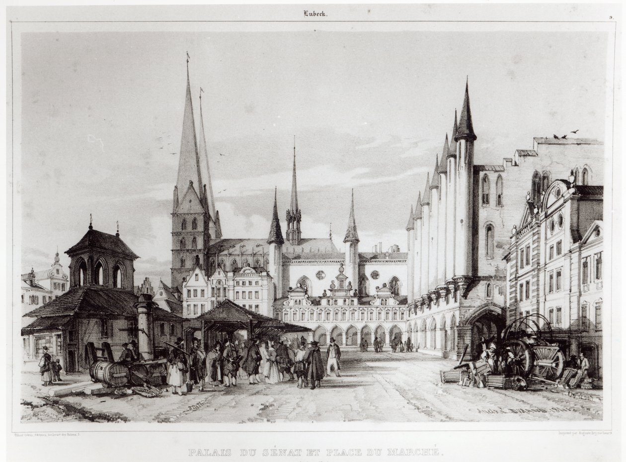 Lyypekin senaatti ja markkinapaikka, kuvitus teoksesta Voyage pittoresque en Russie, 1839 tekijältä Andre Durand