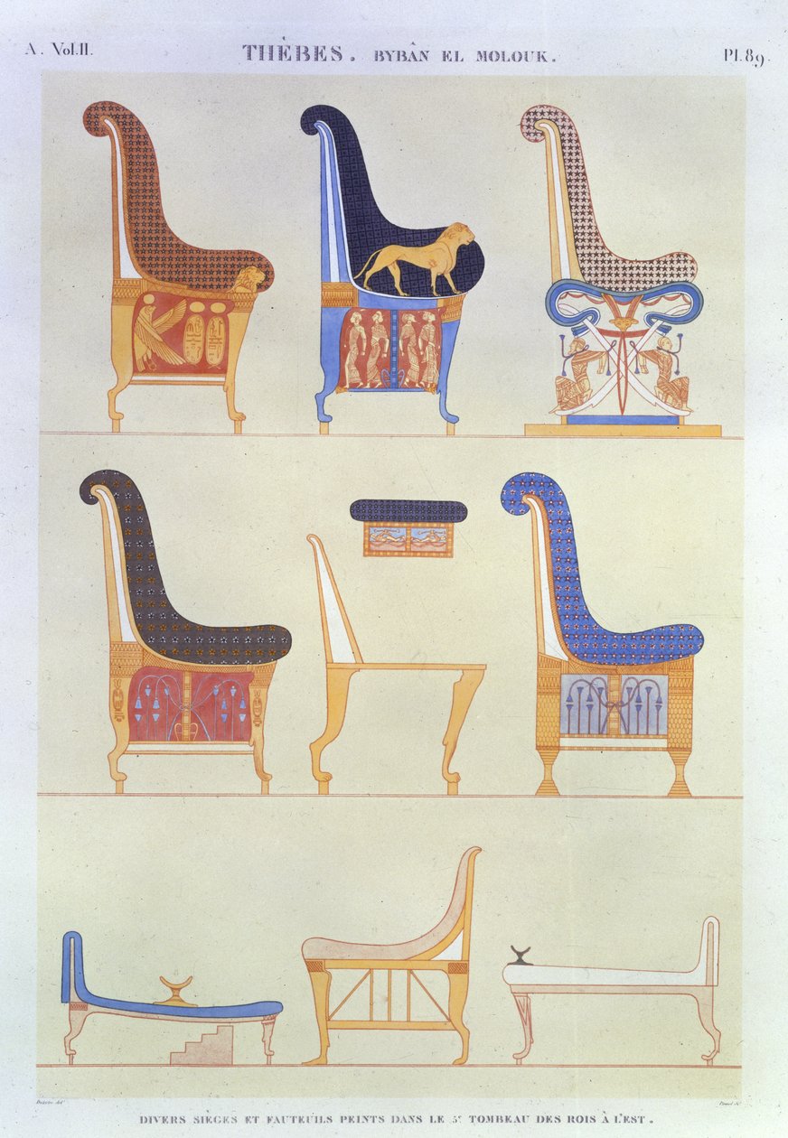 Kuvia erilaisista maalatuista istuimista ja nojatuoleista 5. Kuninkaiden haudasta idässä, Byban el Molouk, levy 89 julkaisun "Descriptions of Egypt" osasta II, kaiverrus Pomel, 1822 (akvatinta) tekijältä Andre Dutertre