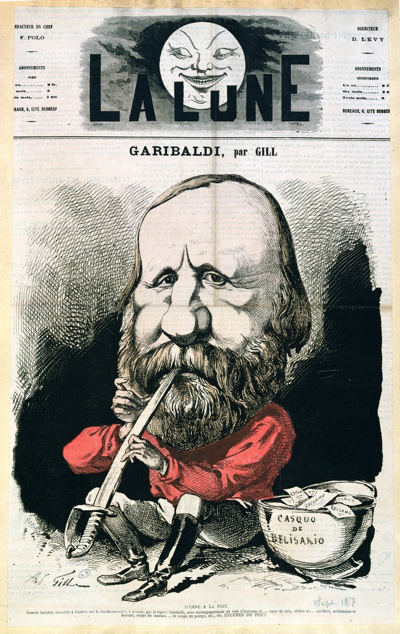 La Lune -lehden kansikuva, jossa mukana Giuseppe Garibaldi (1807-82), syyskuu 1867 tekijältä Andre Gill