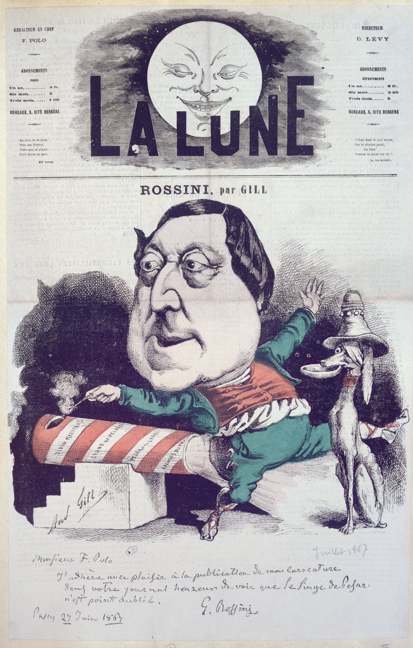 "La Lune" -lehden etukansi, jossa on Rossinin karikatyyri sekä säveltäjän viesti ja nimikirjoitus, 27. kesäkuuta 1867 tekijältä Andre Gill