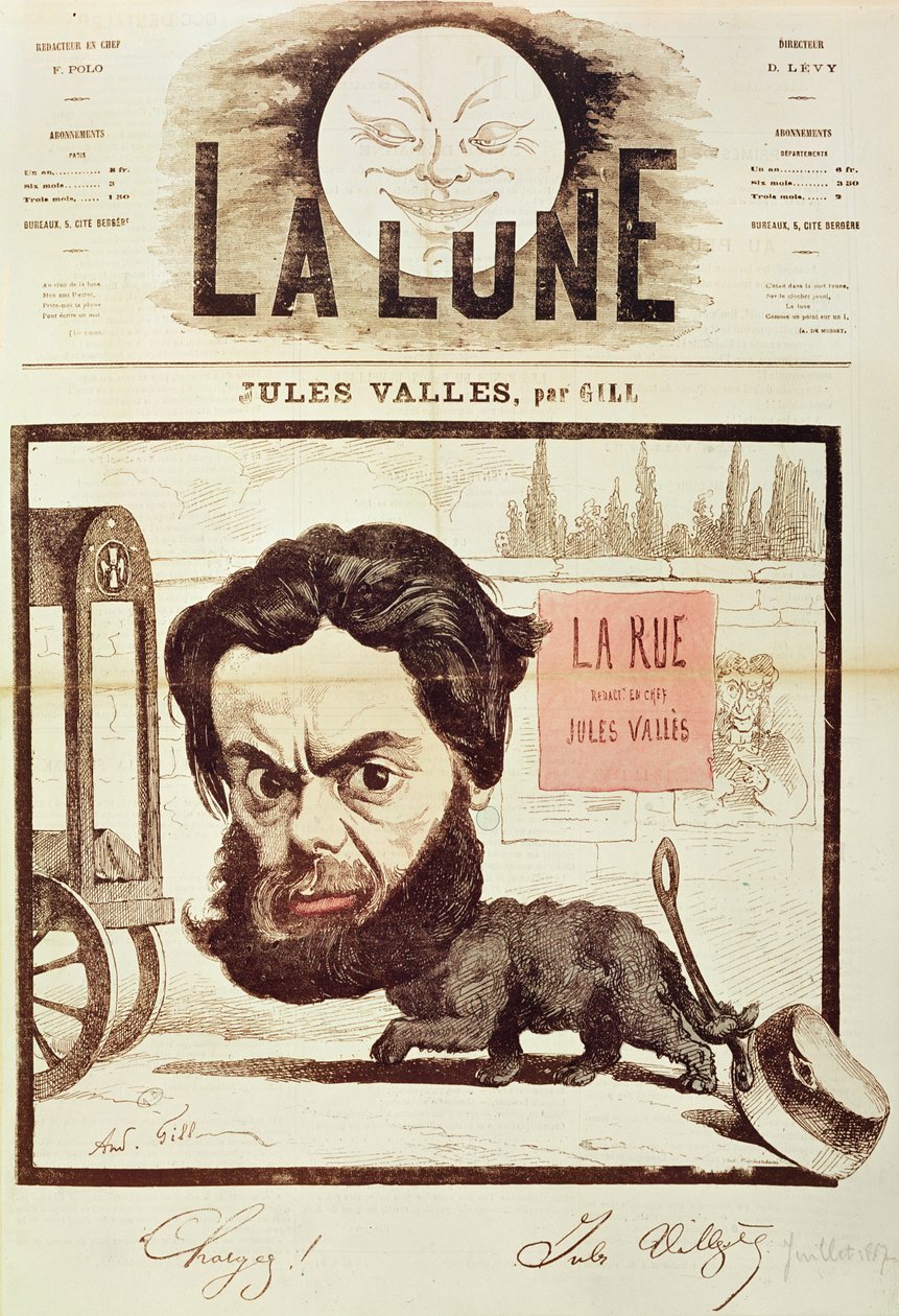 "La Lunen" etusivu, jossa karikatyyri Jules Vallesista ja hänen lehdestä "La Rue", Pariisi, heinäkuu 1867 (värilitografia) tekijältä Andre Gill