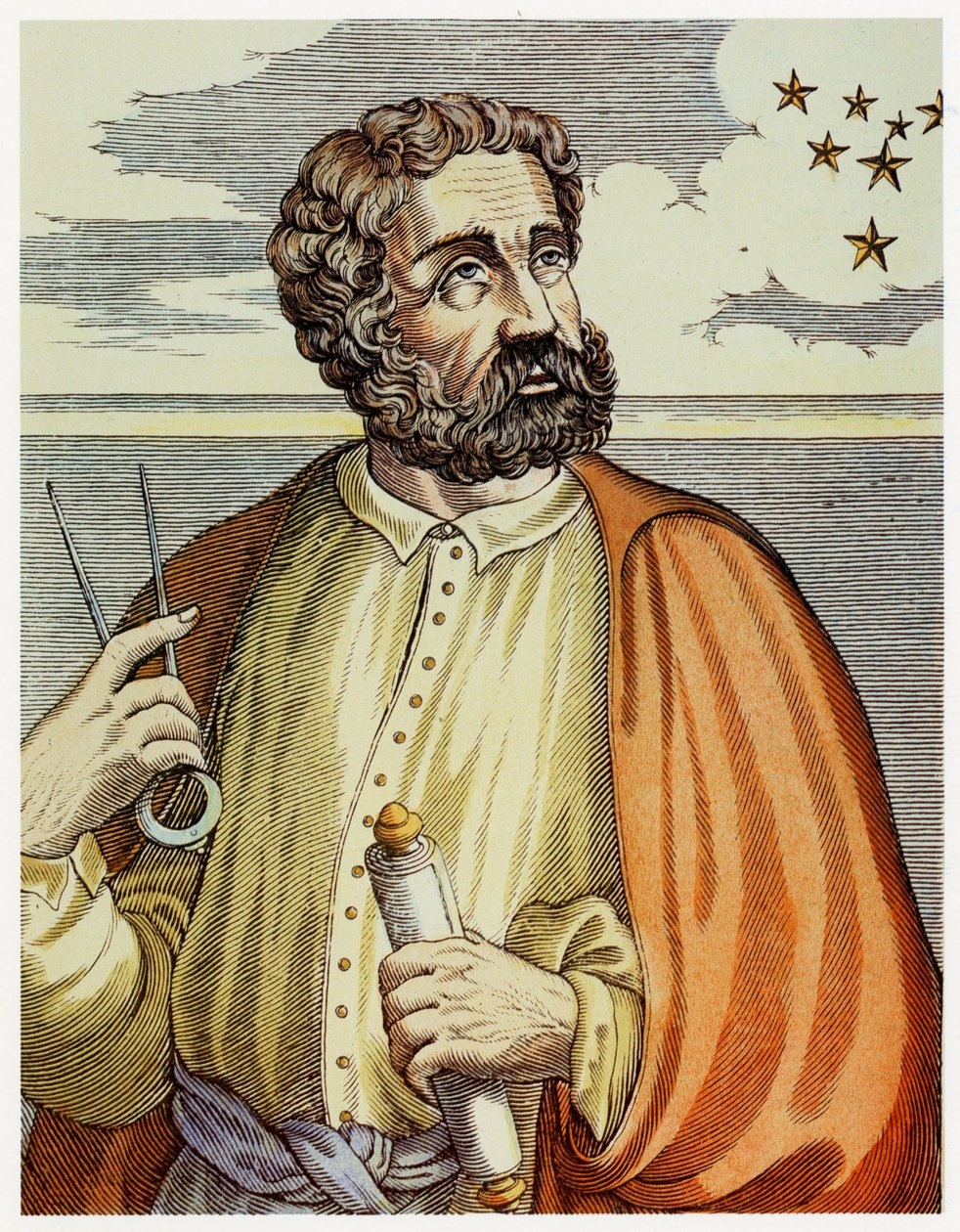 Ferdinand Magellanin (1480 - 1521) muotokuva navigointilaitteineen. (väri litho.) tekijältä Andre Thevet