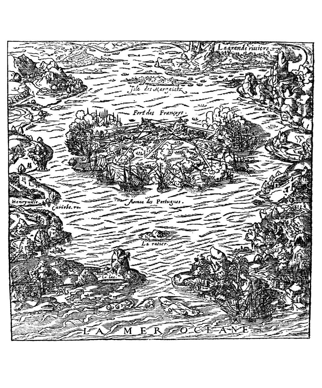 Villegagnonin linnakkeen vangitseminen Andre Thevetin "La Cosmographie universelle" -elokuvasta, n. 1560 tekijältä Andre Thevet