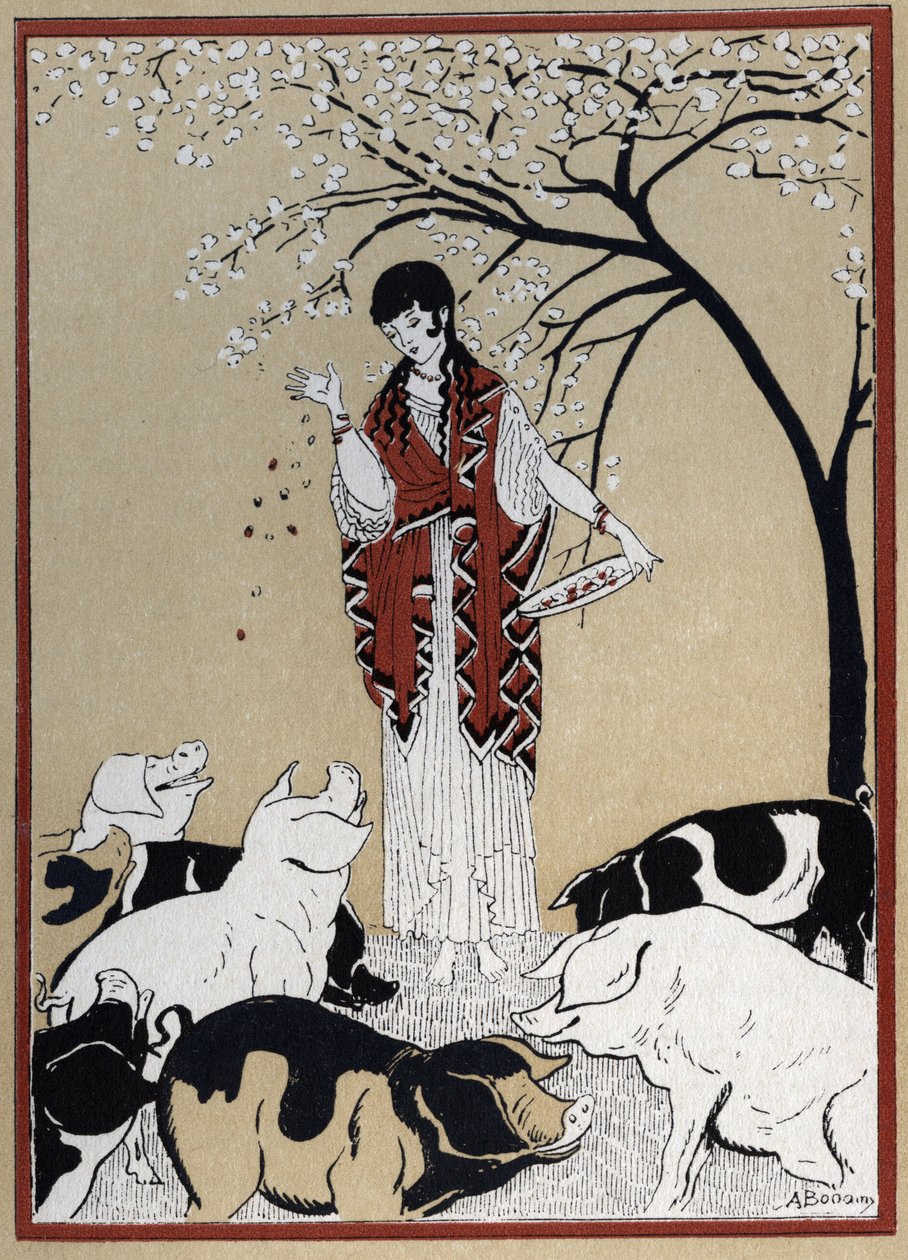 Homeroksen Odysseia: "" Circe noita ja Ulysseuksen seuralaiset muuttuivat sioiksi" (Odyssey of Homer: "" Noita Circen ja Odysseuksen seuralaiset muuttuivat sikoiksi") Andre Bonamyn (1880-1943) kuvitus teoksessa "The Ulysseksen paluu”, kirjoittanut Jean Bap tekijältä Andre Bonamy