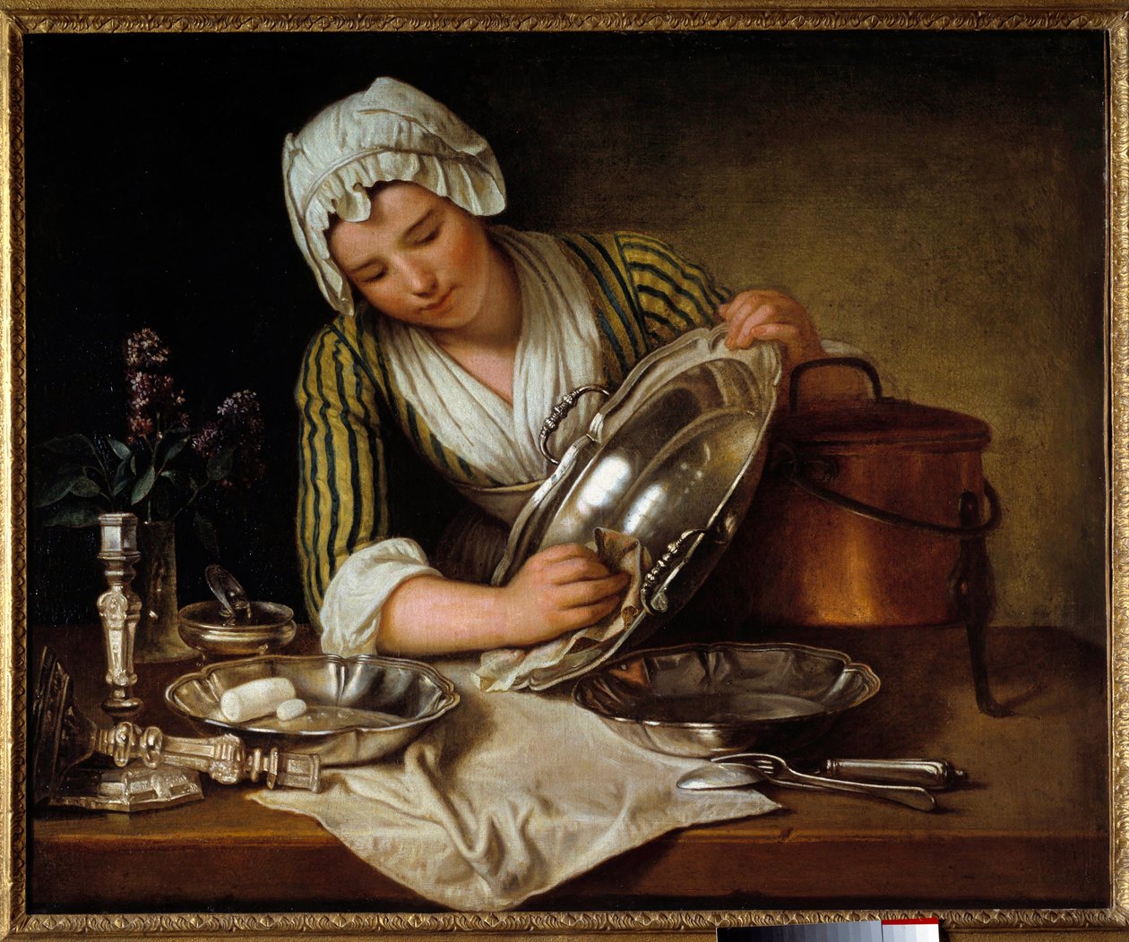 Andre Bouysin (1656-1740) maalaus 1737, Decorative Arts – Hopeaa kiillottava kotitalouspalvelija tai "La recureuse" ("La recureuse"). Andre Bouysin maalaus (1656-1740) tekijältä Andre Bouys