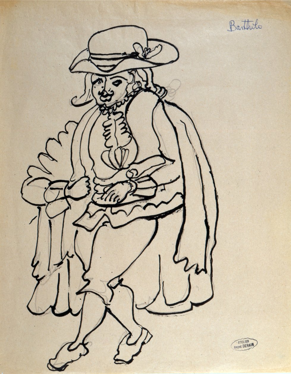 Bartholon pukusuunnitelma Sevillan parturi -näytelmää varten Pariisissa (tussi ja lyijykynä paperille). tekijältä Andre Derain