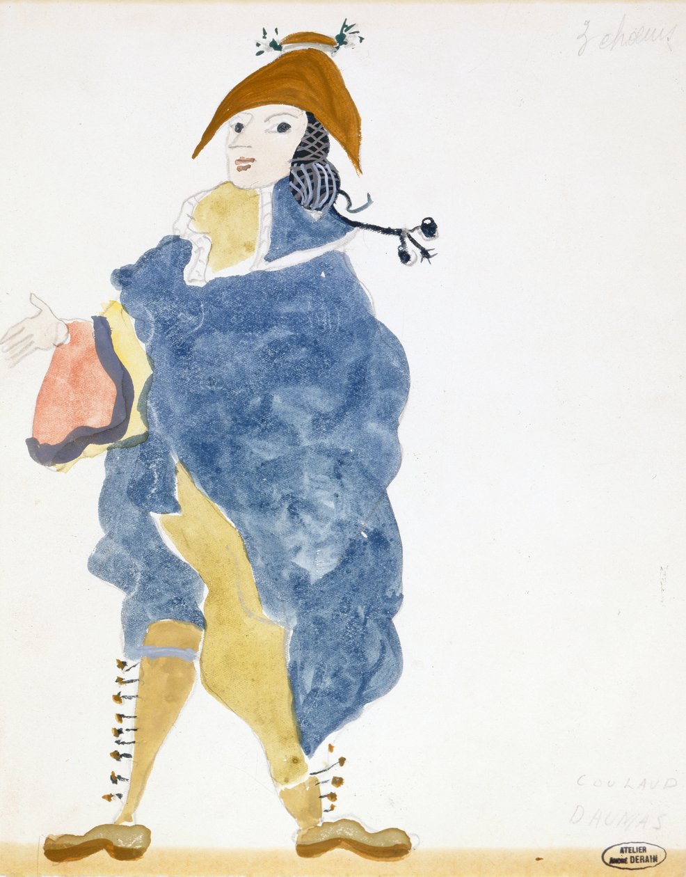 Pukusuunnitelma kreivi Almavivalle valepuvussa Sevillan parturi -näytelmää varten Pariisissa (vesiväri paperille). tekijältä Andre Derain