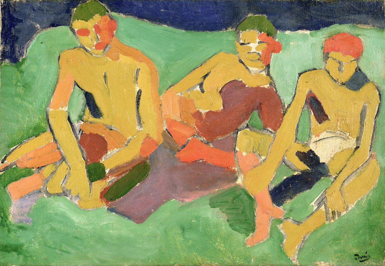 Kolme hahmoa istuu ruohikolla (öljy kankaalle) tekijältä Andre Derain