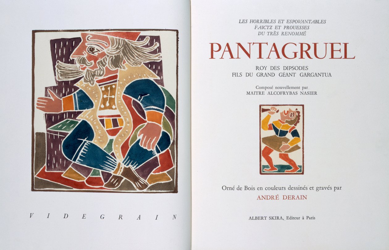 Nimiölehti teoksesta "Les horribles et espouvantables faictz et prouesses du tres renomme Pantagruel, Roy des Dipsodes, fils du grand geant Gargantua. Compose nouvellement par Maitre Alcofybras Nasier", Francois Rabelais (n. 1494-1553) 1943 (puupiirros). tekijältä Andre Derain