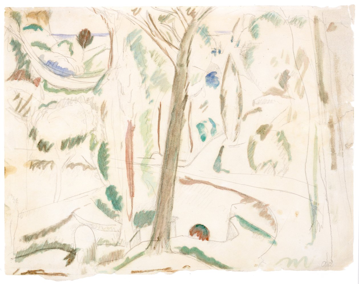 Nimetön (tutkimus The Turning Roadia varten), noin 1906 (grafiitti ja vesiväri paperille). tekijältä Andre Derain