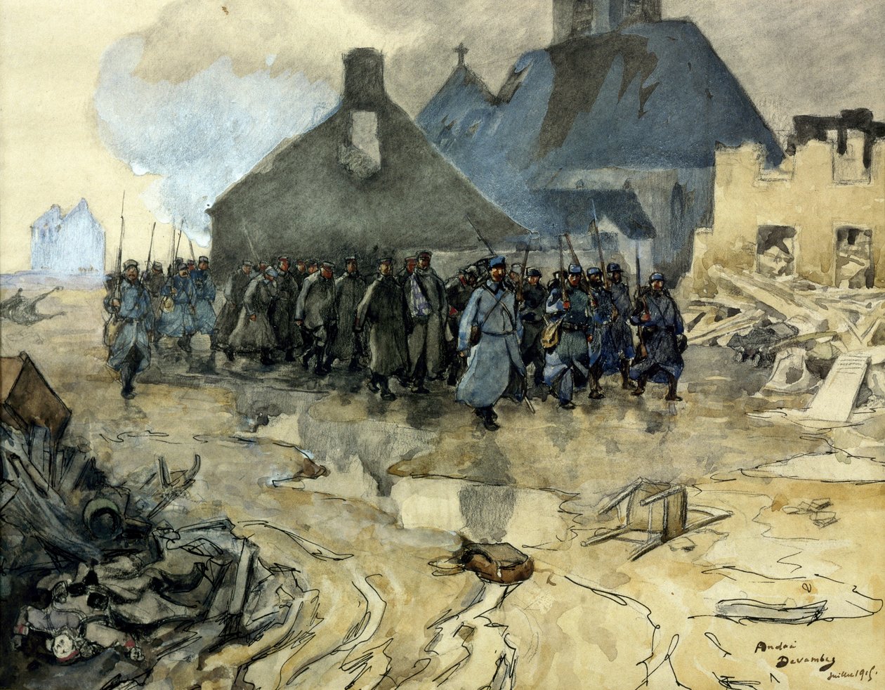 Ensimmäinen maailmansota: partion paluu, heinäkuu 1915 (eau forte) tekijältä Andre Devambez