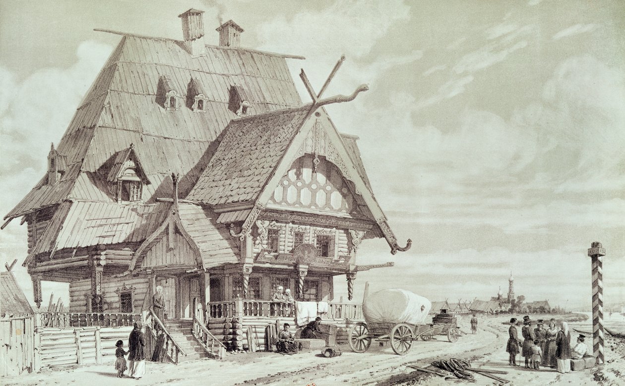 Hotellit ja majatalot, kuvitus teoksesta "Voyage pittoresque en Russie", 1839 tekijältä Andre Durand