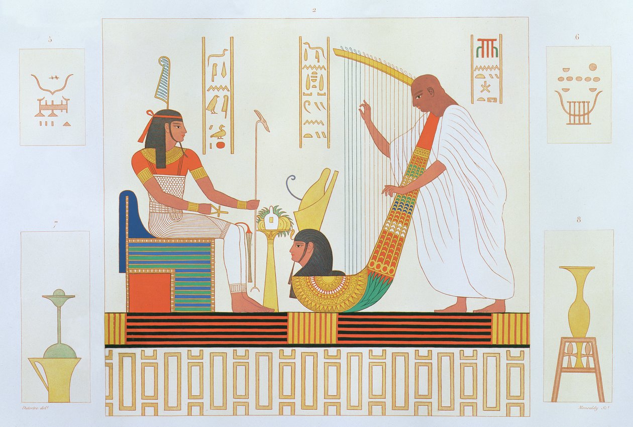 Koriste harppujen huoneesta, itähauta, Byban el Molouk, Thebes, Edmonde Francois Jomardin teoksesta "Descriptions of Egypt", julkaistu 1809-22 tekijältä Andre Dutertre