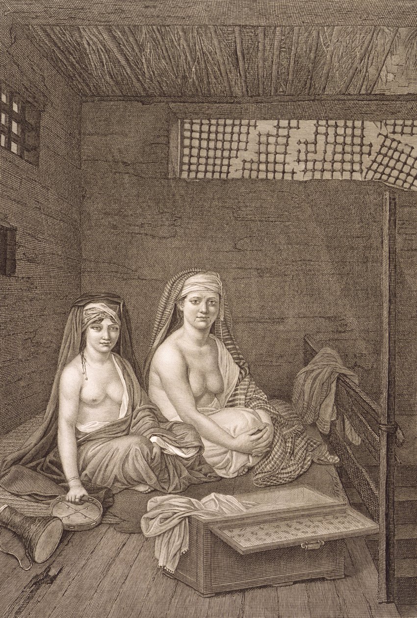 Julkiset tanssijat, niteestä II Puvut ja muotokuvat teoksesta "Egyptin kuvaus", kaiverrettu Jean Baptiste Massardin toimesta, julkaistu Napoleonin käskystä 1822. tekijältä Andre Dutertre