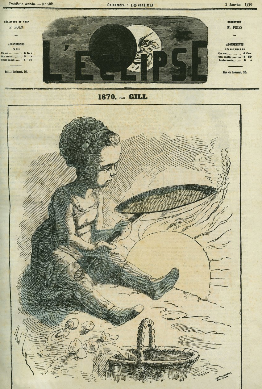 1870, sosiaalinen keittiö: pikkutyttö keittää kreppiä auringon lämmittämässä uunissa. Kansi "" L
