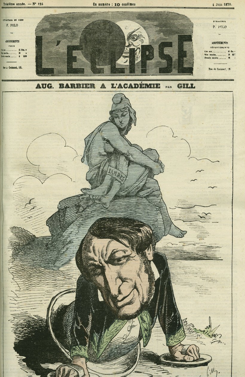 Auguste Barbier (1805-1882), ranskalainen runoilija, joka valittiin Ranskan akatemiaan vuonna 1869. Kansi teoksesta "" L