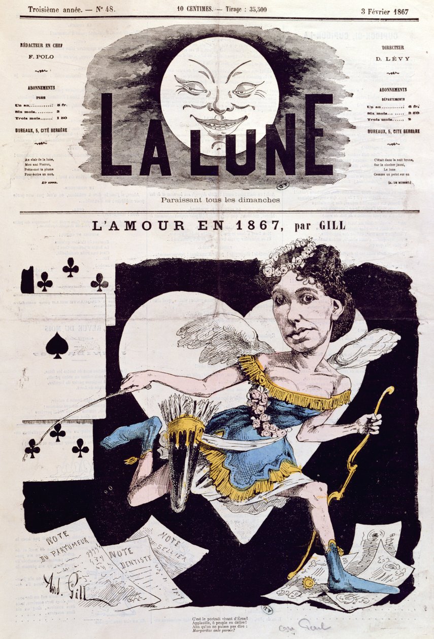Karikatyyri Cora Pearlistä (1842-n. 1886) La Lunesta, 3. helmikuuta 1867 tekijältä Andre Gill