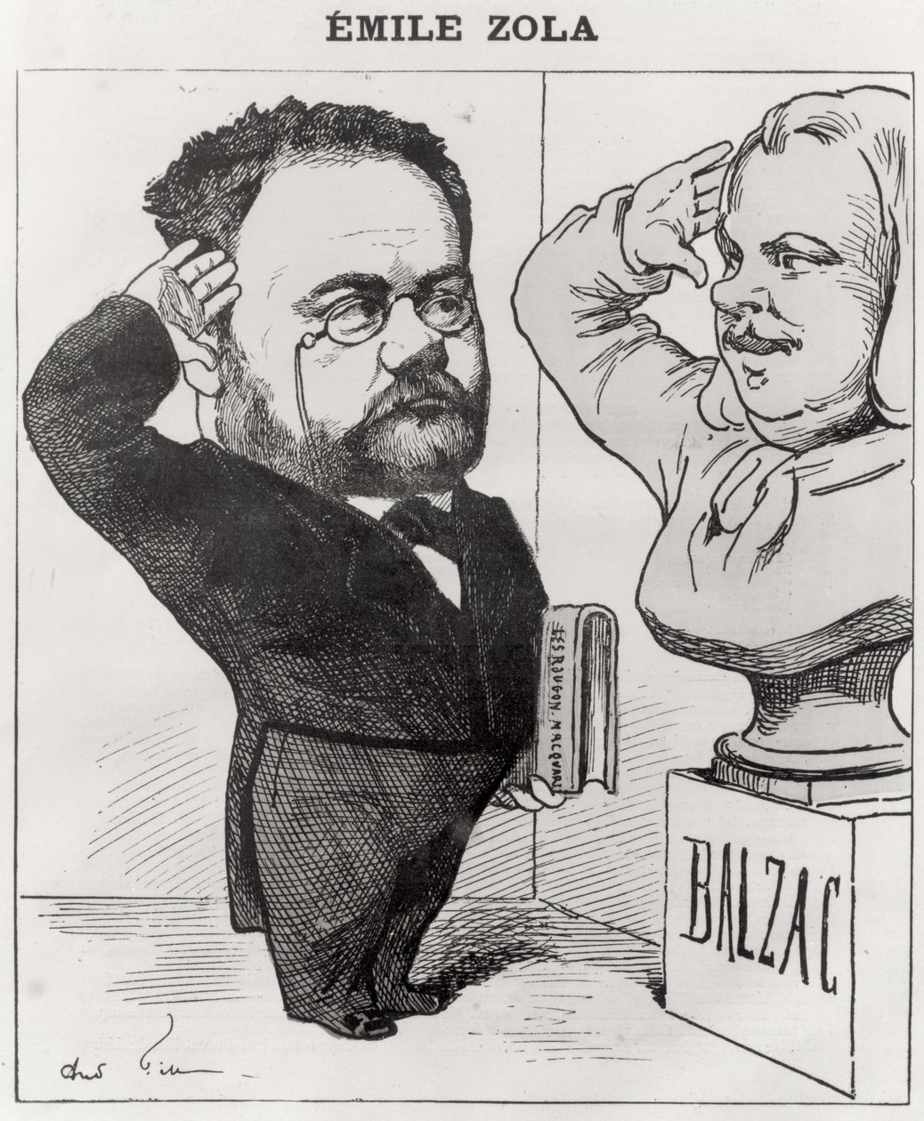 Emile Zolan (1840-1902) karikatyyri, joka tervehtii kunniakuvaa (1799-1850) 1878 tekijältä Andre Gill