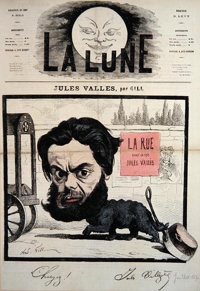Karikatyyri Jules Vallesin kansikuva La Lune -lehdestä, heinäkuu 1867 (värilitho) tekijältä Andre Gill