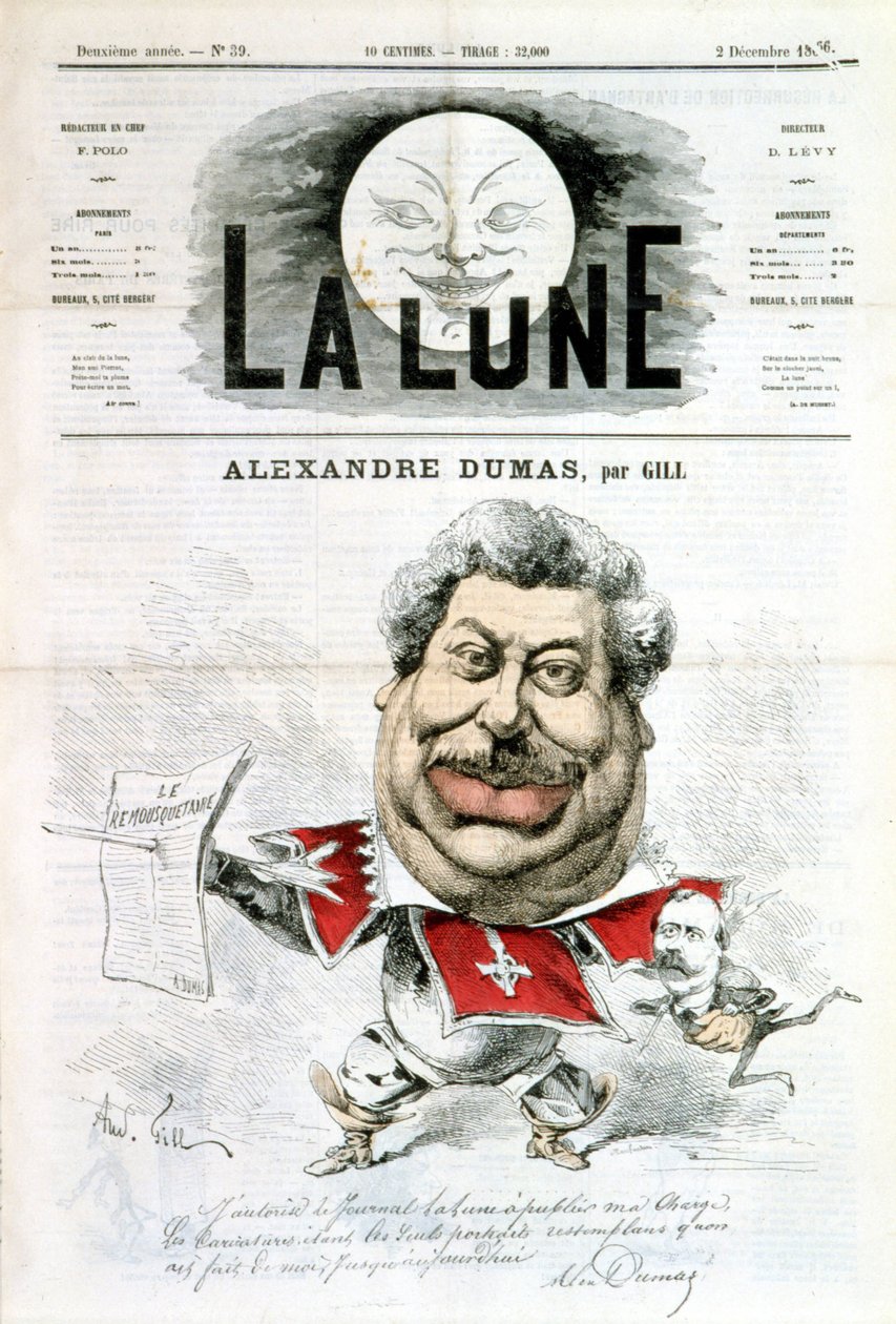 Alexandre Dumasin sarjakuva ja nimikirjoitus - Gill elokuvassa "La Lune" 12.2.1866 tekijältä Andre Gill