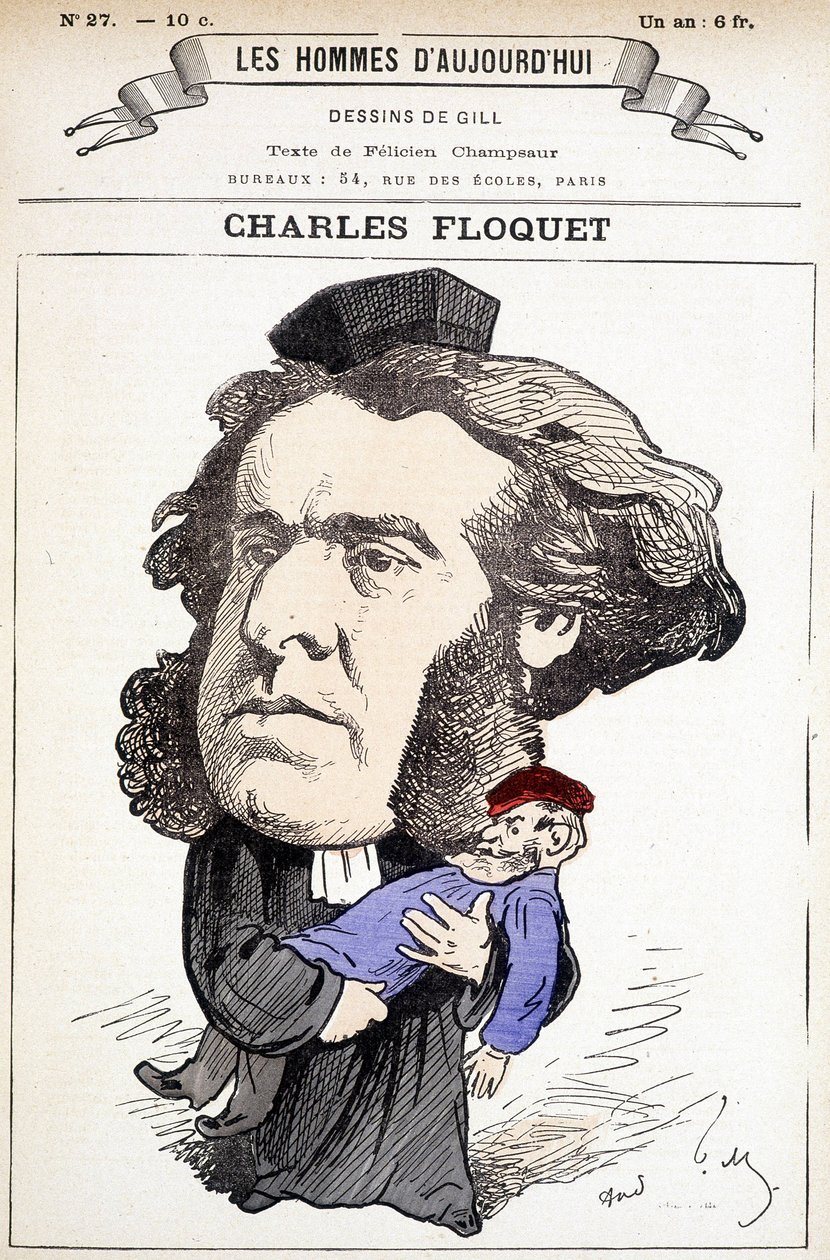 Sarjakuva Charles Floquet (1828-1896), lakimies ja neuvoston puheenjohtaja vuosina 1888-1889. Hän haavoitti kenraali Boulangerin kaksintaistelussa, jonka ideoita hän taisteli. Gillin piirustus teoksessa "Nykyajan miehet". tekijältä Andre Gill